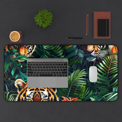 "Tiger Jungle Desk Mat - Transform your workspace with this wild Jungle Safari design featuring majestic tigers in lush green foliage"