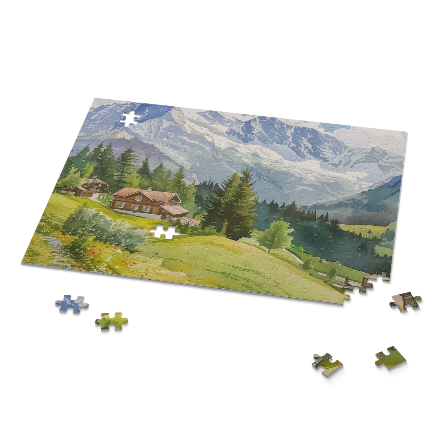 Swiss Alps Watercolor Puzzle - Stunning jigsaw with vibrant hues and intricate details, perfect for mountain lovers