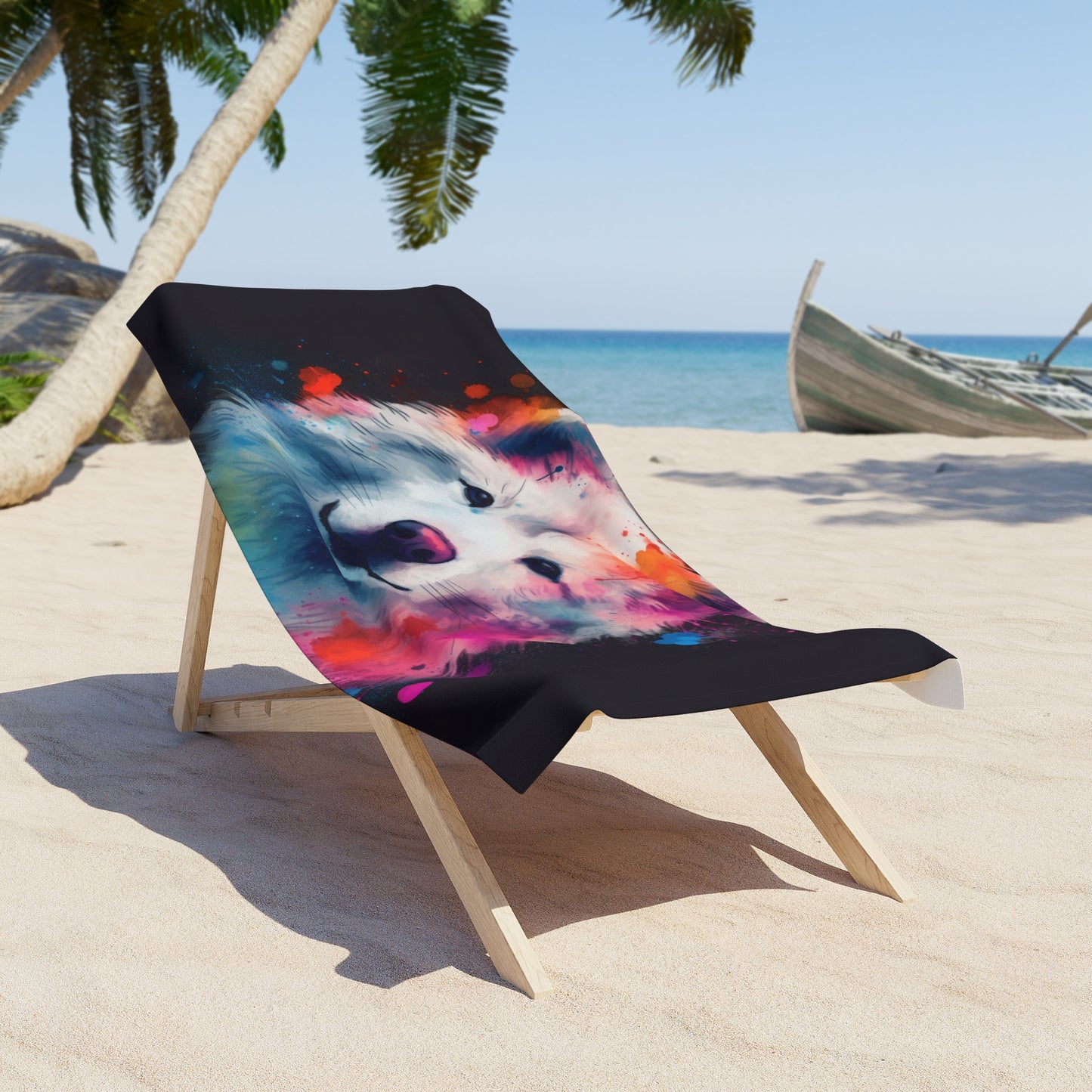 Dive into comfort with our Brushing a Samoyed Beach Towel