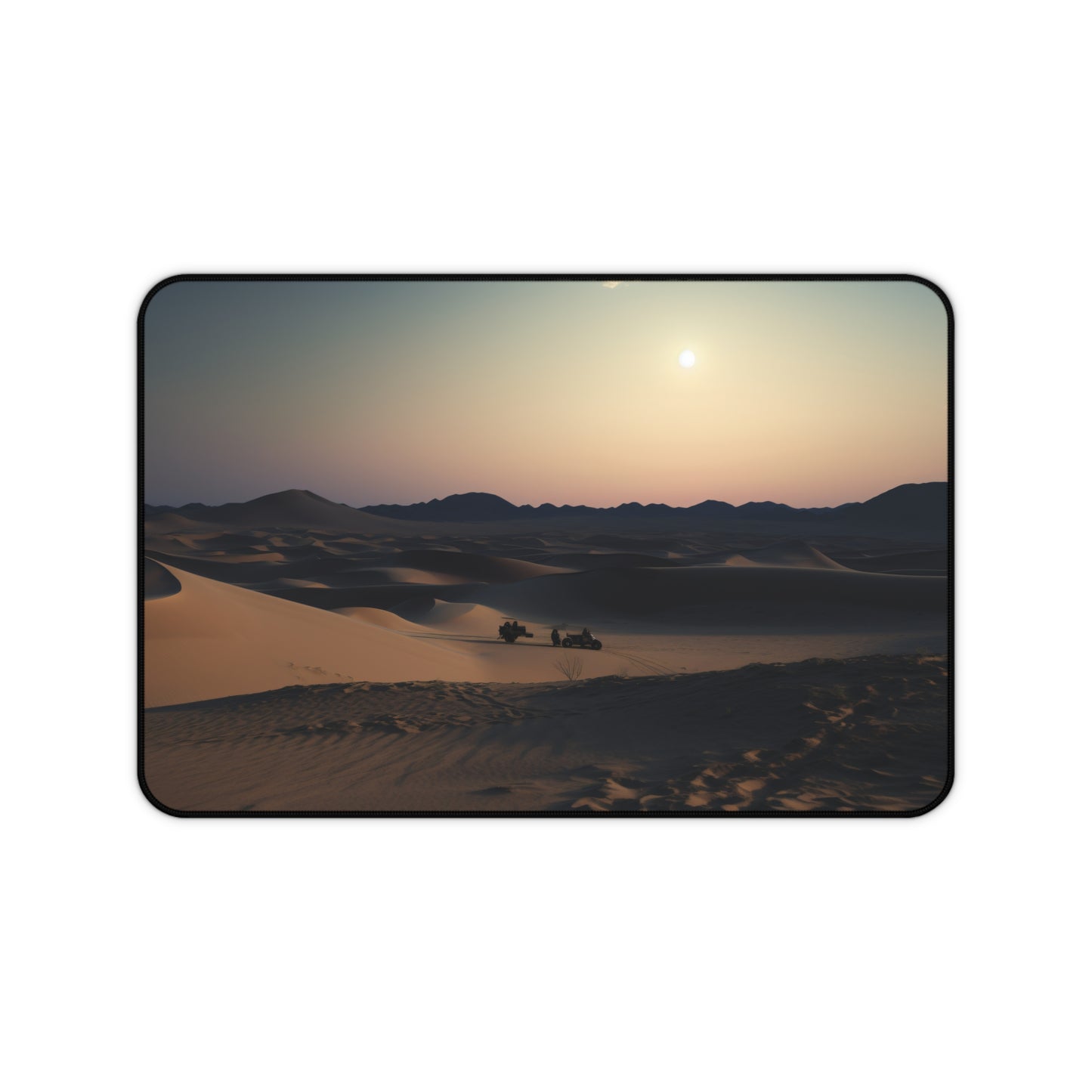 Moonlit Desert Desk Mat - Elevate your workspace with serene oasis vibes, full moon over sand dunes.