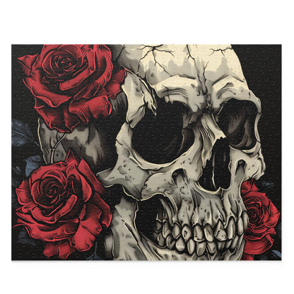 "Skull and Roses Puzzle - Hauntingly beautiful goth jigsaw with vibrant red roses, perfect for a spooky night in"