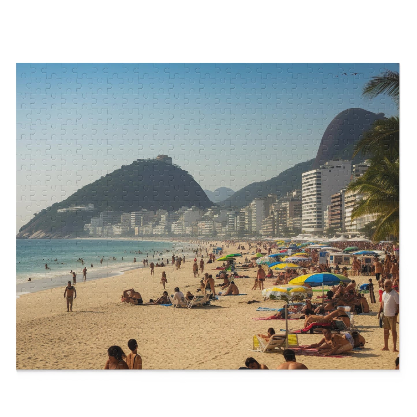 "Enjoy the beauty of Rio de Janeiro with this vibrant beach scene jigsaw puzzle with Sugarloaf Mountain in the background"