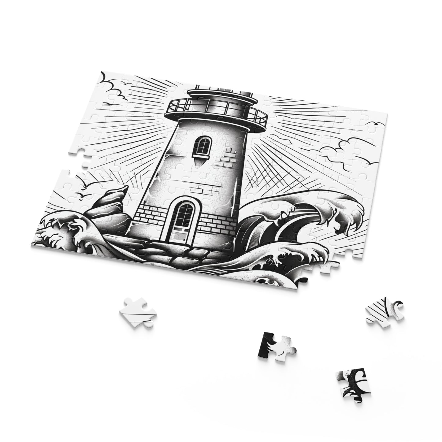 "Coastal Beacon Jigsaw Puzzle with Hand-drawn Lighthouse and Crashing Waves - Relaxing Entertainment and Stunning Wall Decor"