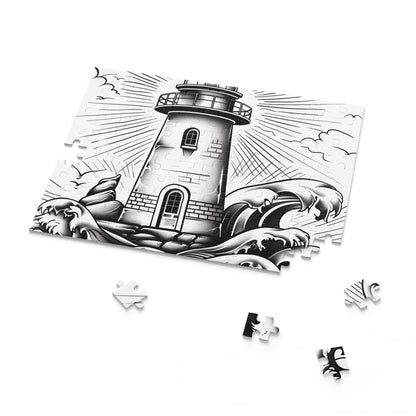 "Coastal Beacon Jigsaw Puzzle with Hand-drawn Lighthouse and Crashing Waves - Relaxing Entertainment and Stunning Wall Decor"