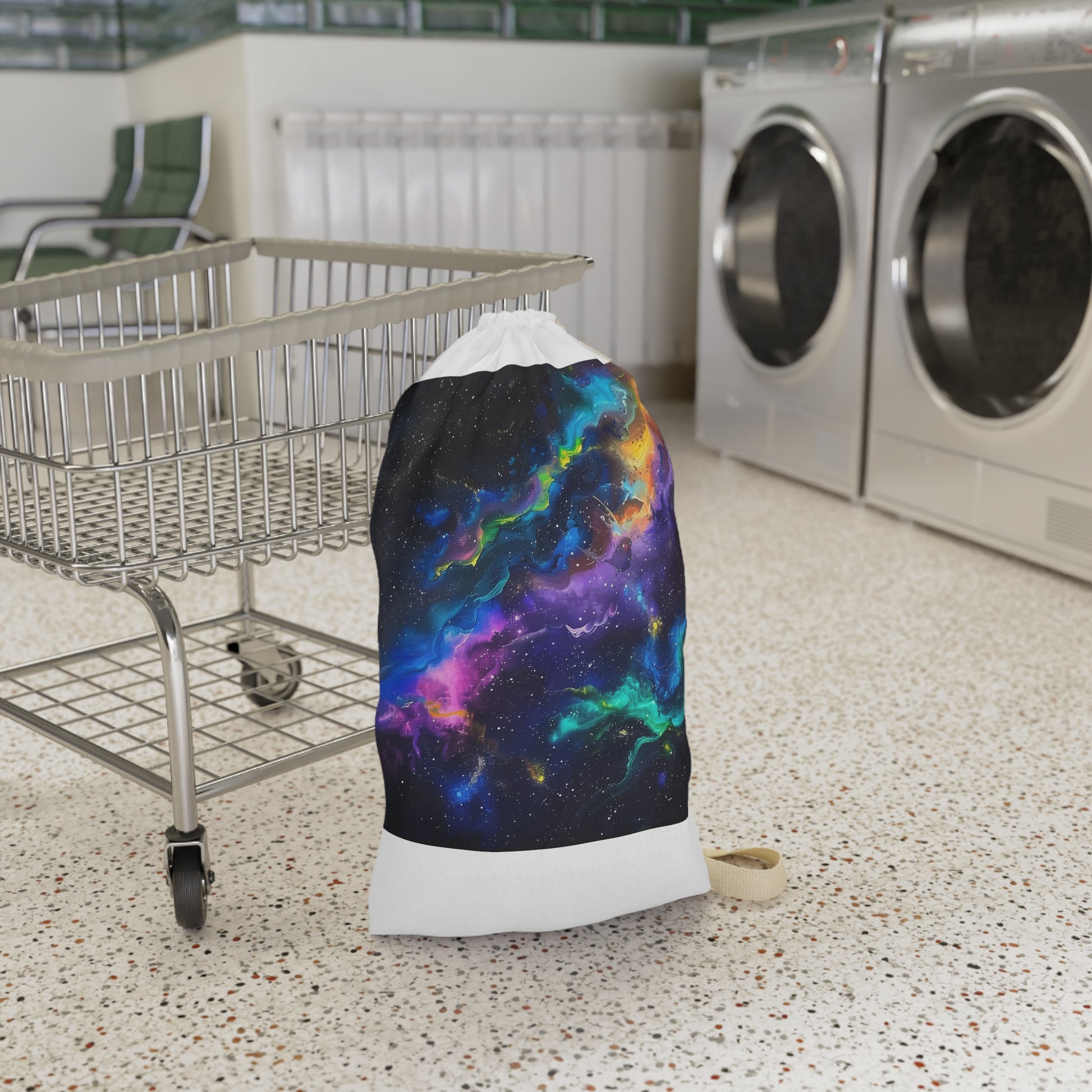 "Neon Galaxy Laundry Bag - Add a pop of color to laundry day with this eye-catching space design"