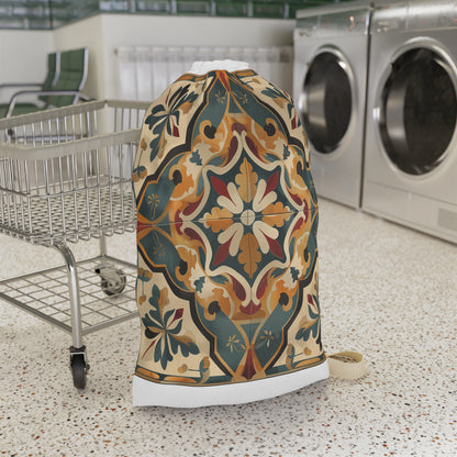 "Artisan Tiles patterned laundry bag, durable and elegant for laundry routine"