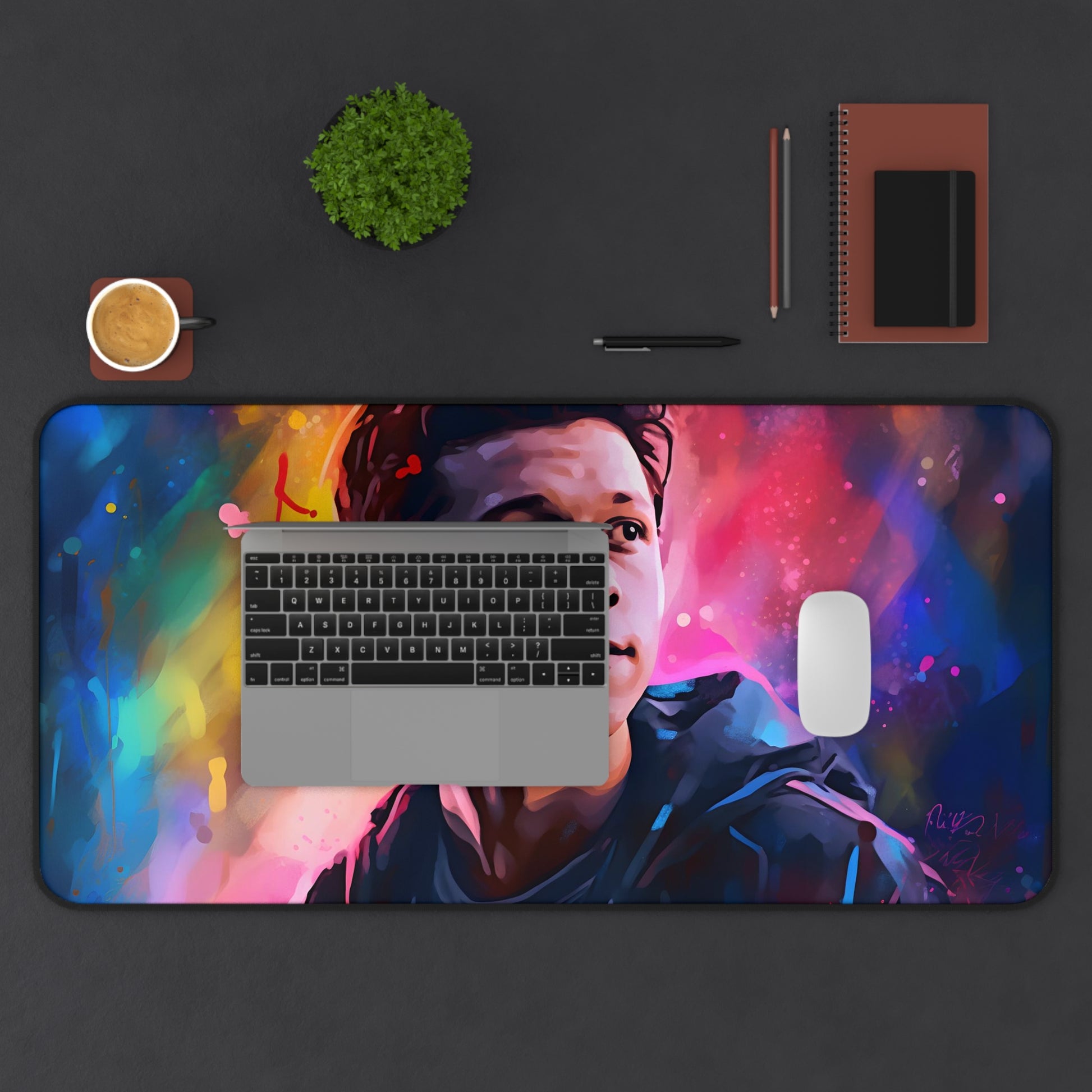 "Tom Holland watercolor neon desk mat for vibrant workspaces, durable protection with pop of color"