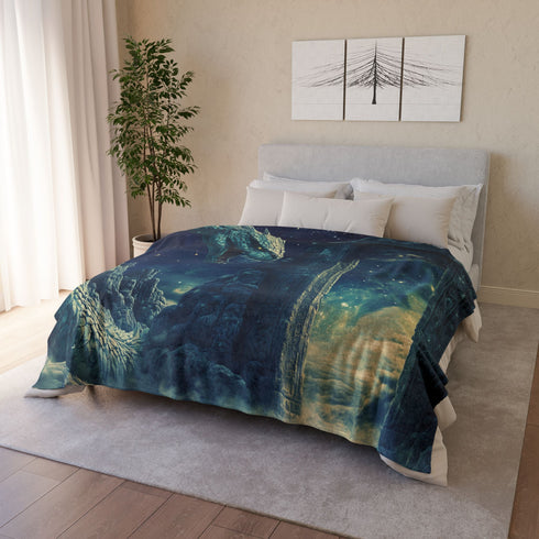 Cosmic Serpent Guarding Starlit Gate Plush Fleece Throw Blanket