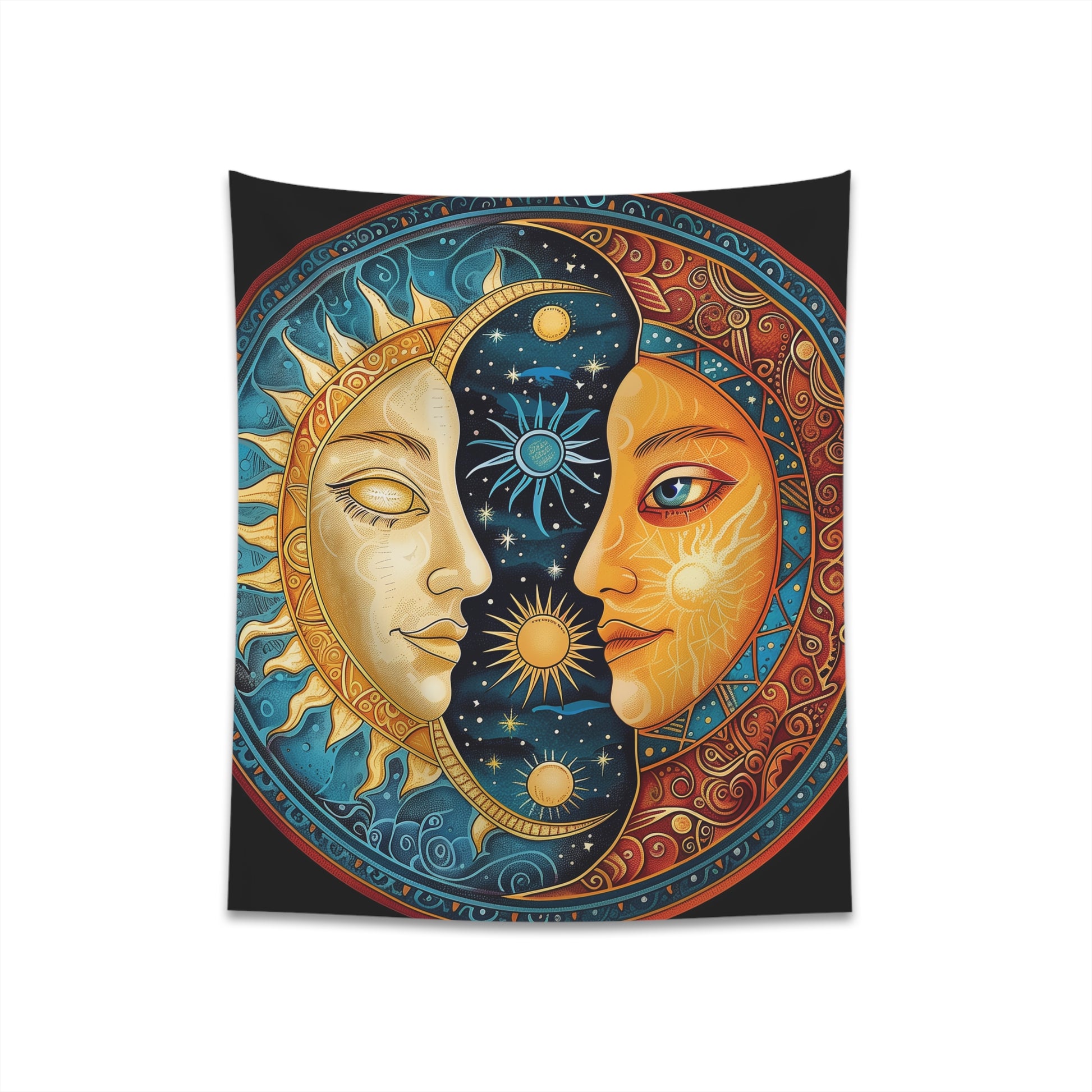 "Sun and Moon Celestial Mandala Tapestry | Balancing Cosmos Design | High-Quality Material | Great Gift | Available in 34x40 or 57x57 Inches"