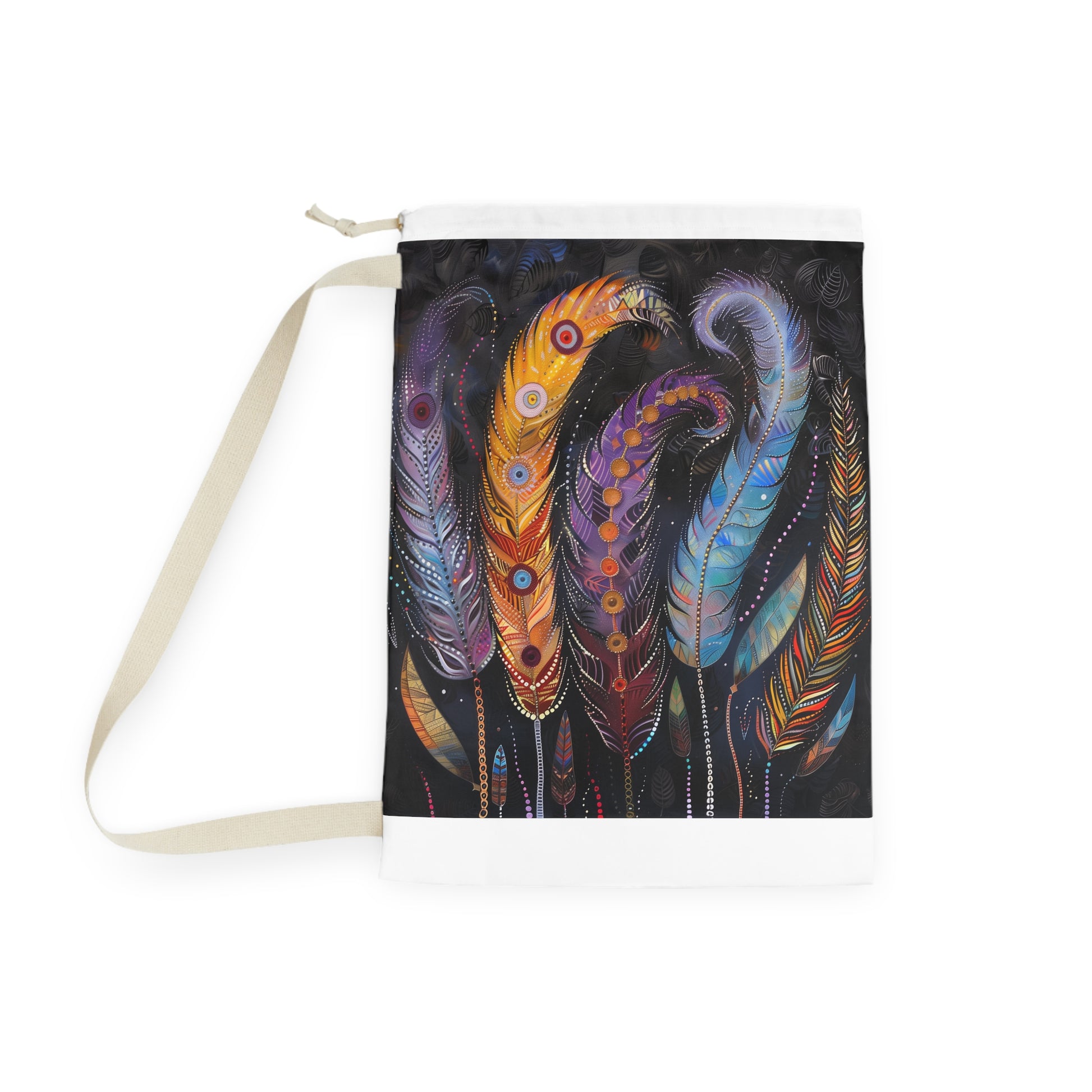 Bohemian Feather Laundry Bag - Stylish laundry transport with feather design, whimsical touch for daily chores.