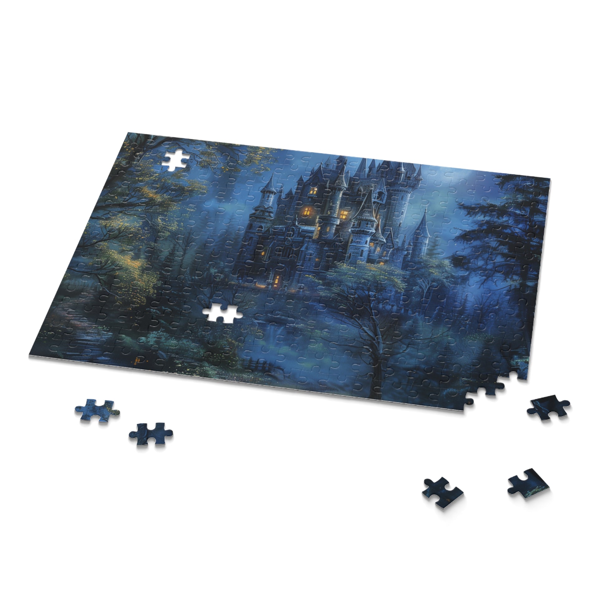 Moonlit Forest Castle Puzzle - Dive into enchanting fantasy with this immersive jigsaw puzzle featuring a majestic castle in a moonlit forest.