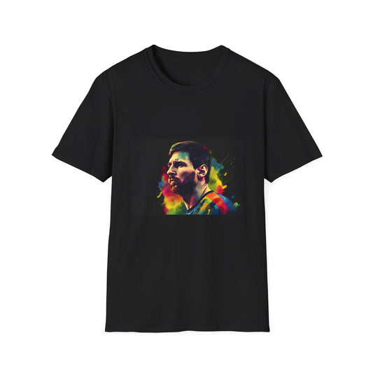 Football Legend in Vibrant Radiance | T-Shirt | Argentina, Barcelona, Football, Graphic design, Illustration, Lionel Messi, Neon colors, Sports, Tshirt, Watercolor | Prints with Passion