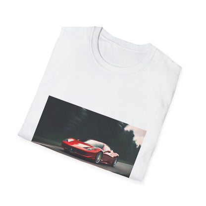 Alt text: Vibrant "Adrenaline Rush on the Racing Circuit" T-shirt featuring a sleek Ferrari mid-race, embodying speed and power. Feel the thrill of high-octane adventure with this design, igniting your passion for the open road.