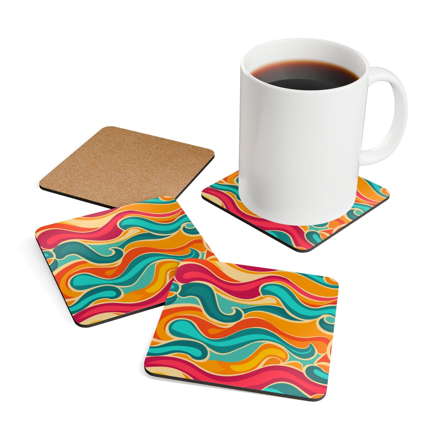 Retro Waves Corkwood Coaster Set: Vibrant & Stylish