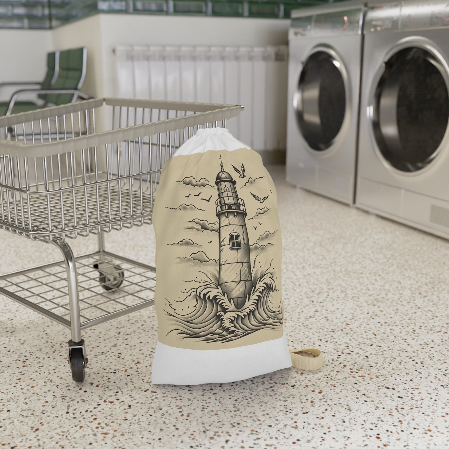 Coastal-inspired light-up lighthouse laundry bag with hand-drawn design and nautical charm