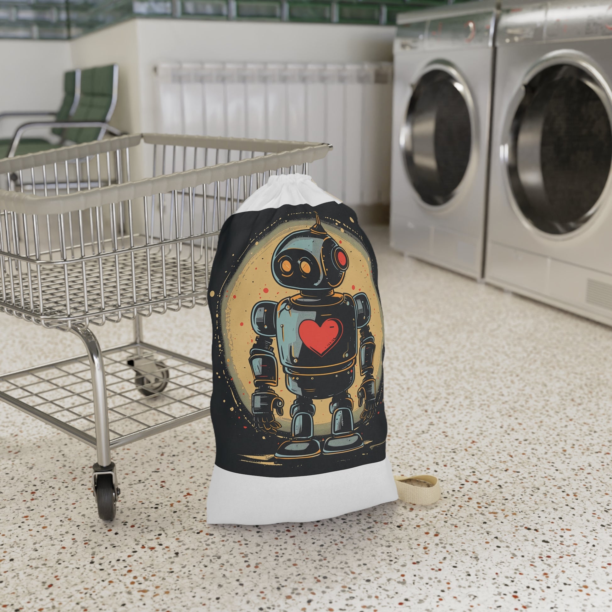 "Retro Robot Heart Laundry Bag - Adorable laundry bag with heart symbol, perfect for stylish storage and organization"