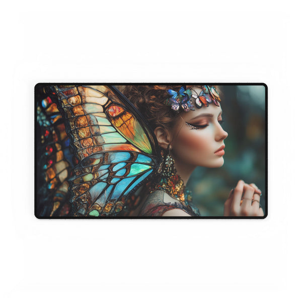 Woman with Butterfly Wings Made of Glass — XL & XXL Desk Mat — Gaming & Workspace Desk Setup View