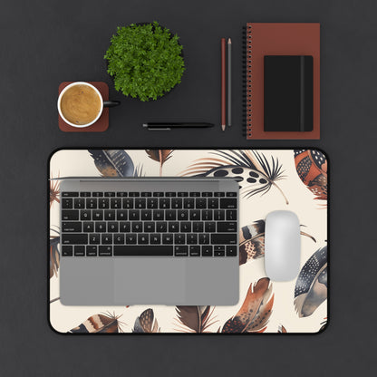 "Boho Feathers Desk Mat - Add Whimsical Charm to Your Workspace with Delicate Feather Pattern"