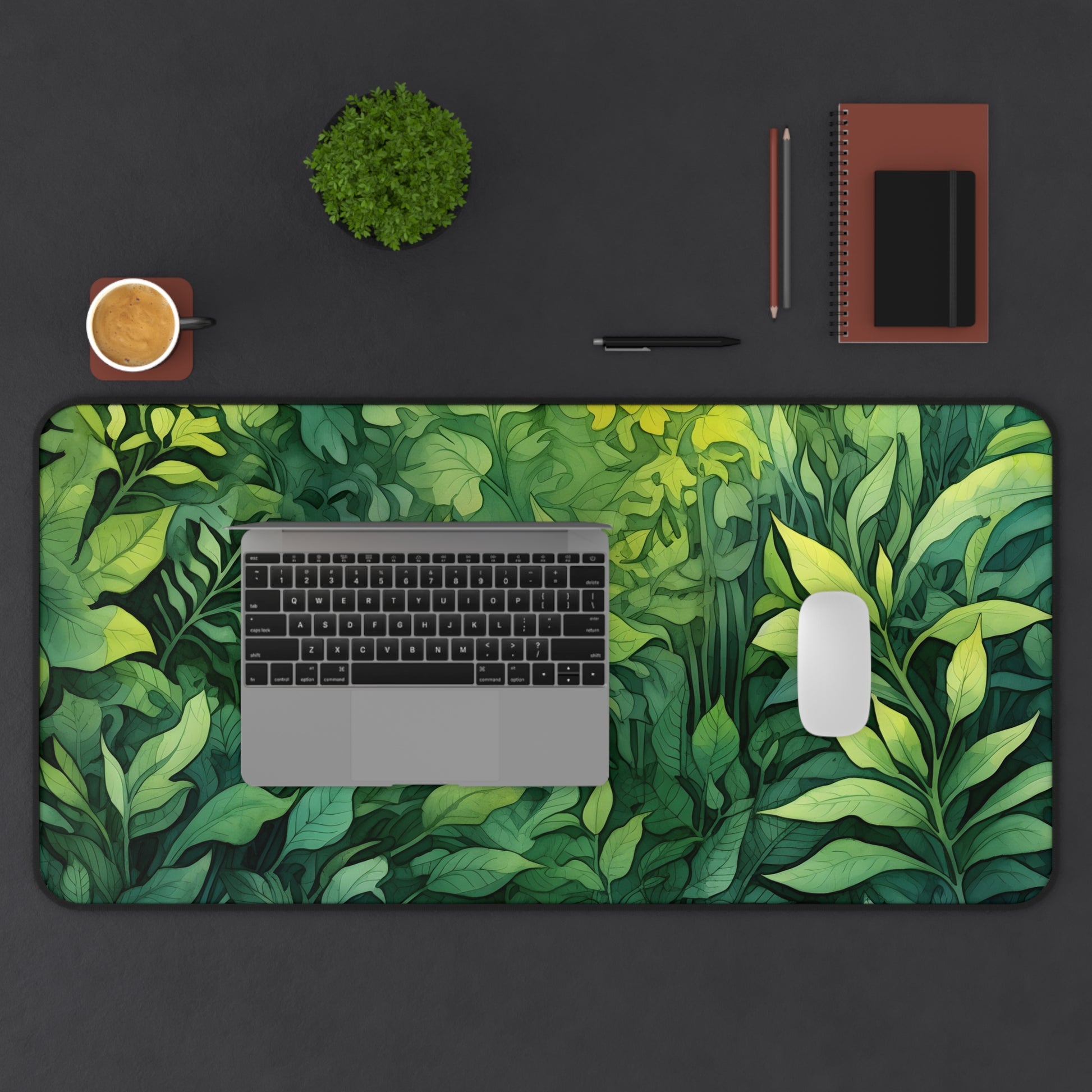 Summer Foliage Tolkien Desk Mat with intricate watercolor detailing for a whimsical workspace vibe.