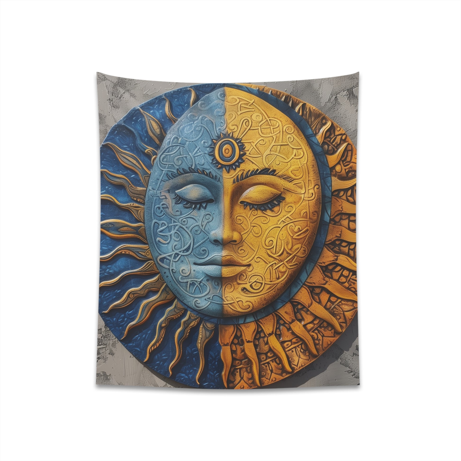 "Stunning Cosmic Harmony Sun and Moon Mandala Tapestry - High-quality, stylish, and versatile home decor | Available in 34" x 40" and 57" x 57" sizes | Makes a perfect gift - Shop now!"