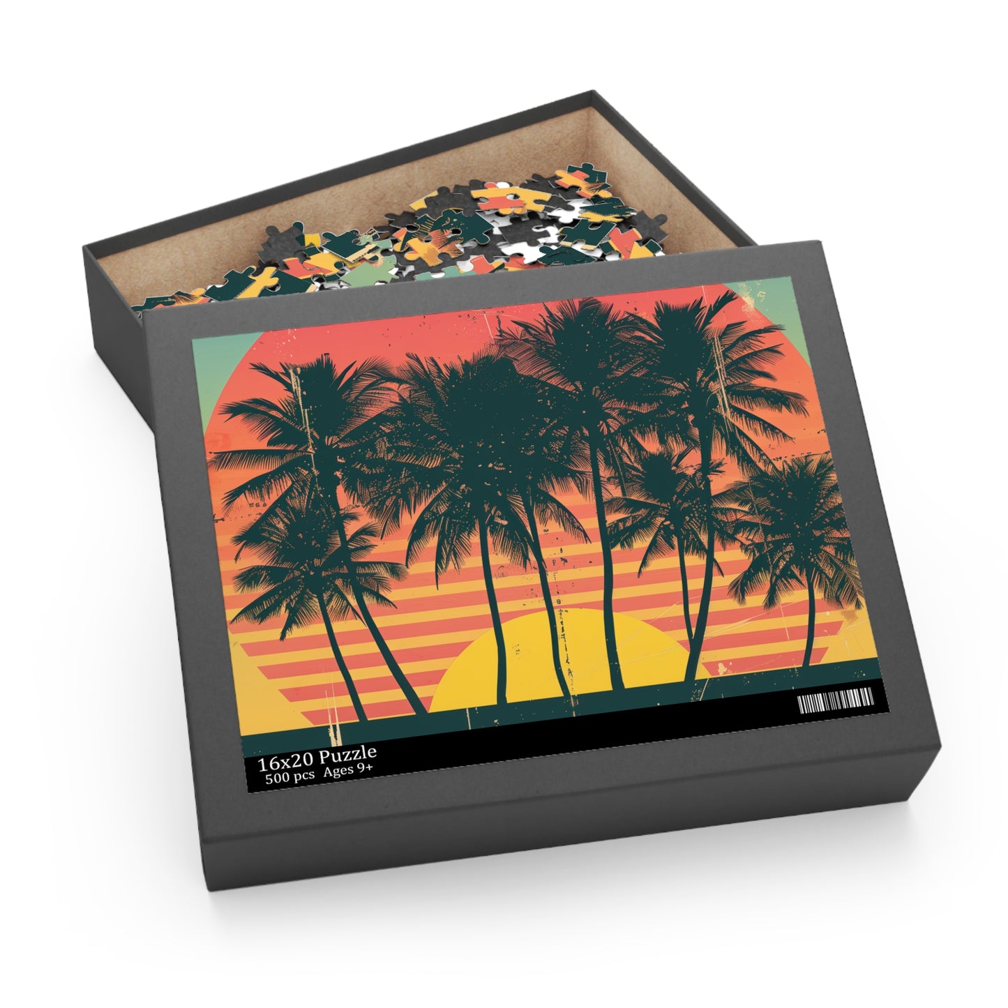 "Retro Sunset Palm Tree Puzzle - Relaxing jigsaw with nostalgic sunset and palm trees"