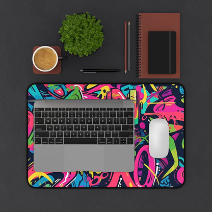 "Neon Urban Graffiti Desk Mat - Brighten up your workspace with vibrant neon graffiti design, stylish and protective"