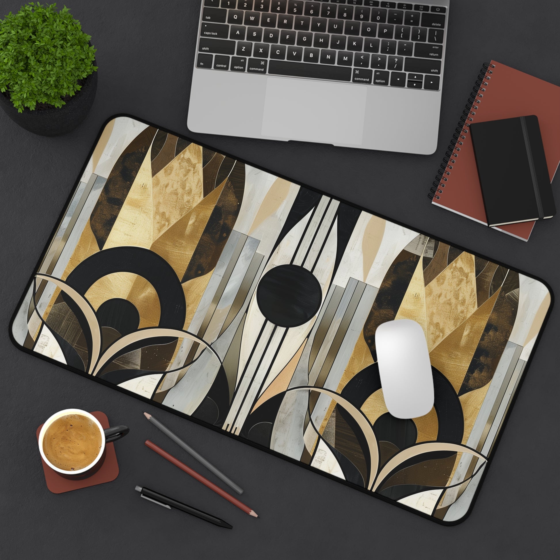 "Abstract art deco desk mat with vibrant colors for sophisticated workspace decor"