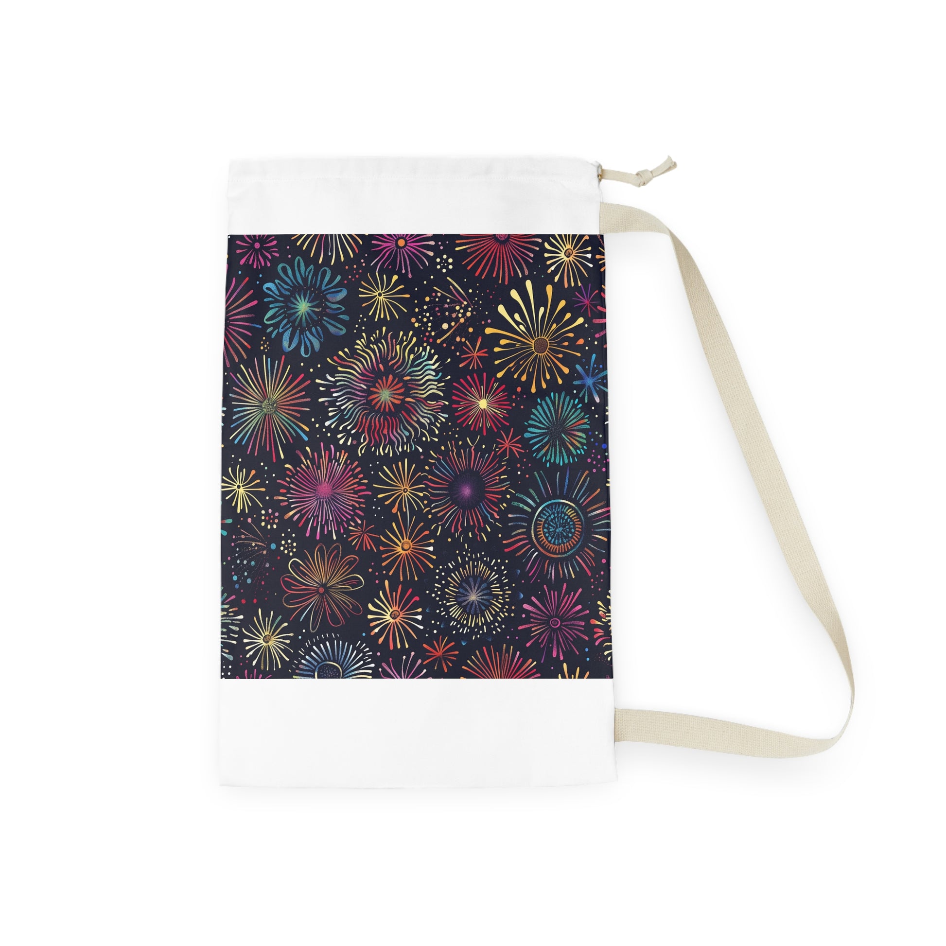 "Colorful festive fireworks laundry bag for stylish and fun laundry day organization"