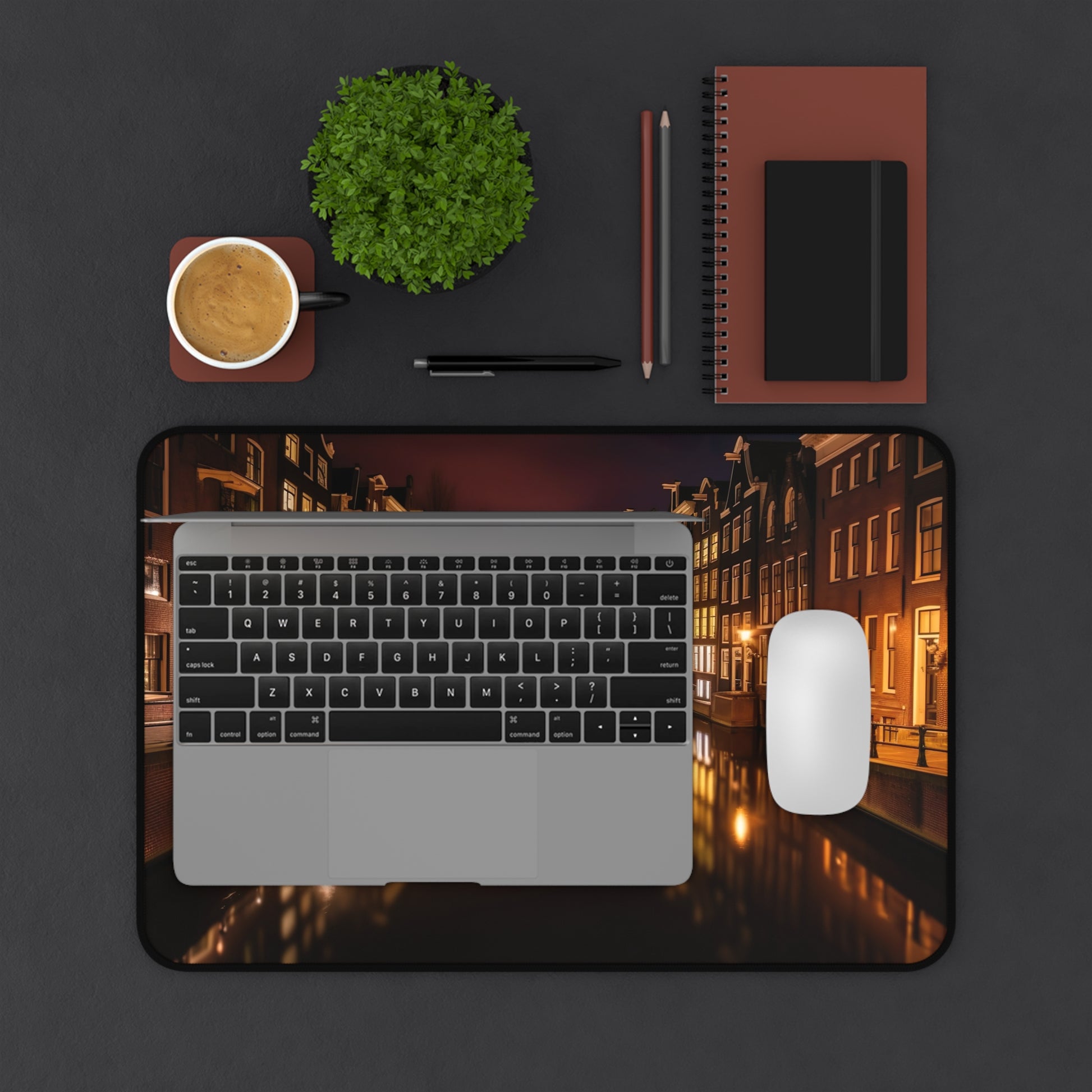 "Amsterdam Canals Night Desk Mat - Enhance creativity with stunning canal image for stylish workspace"