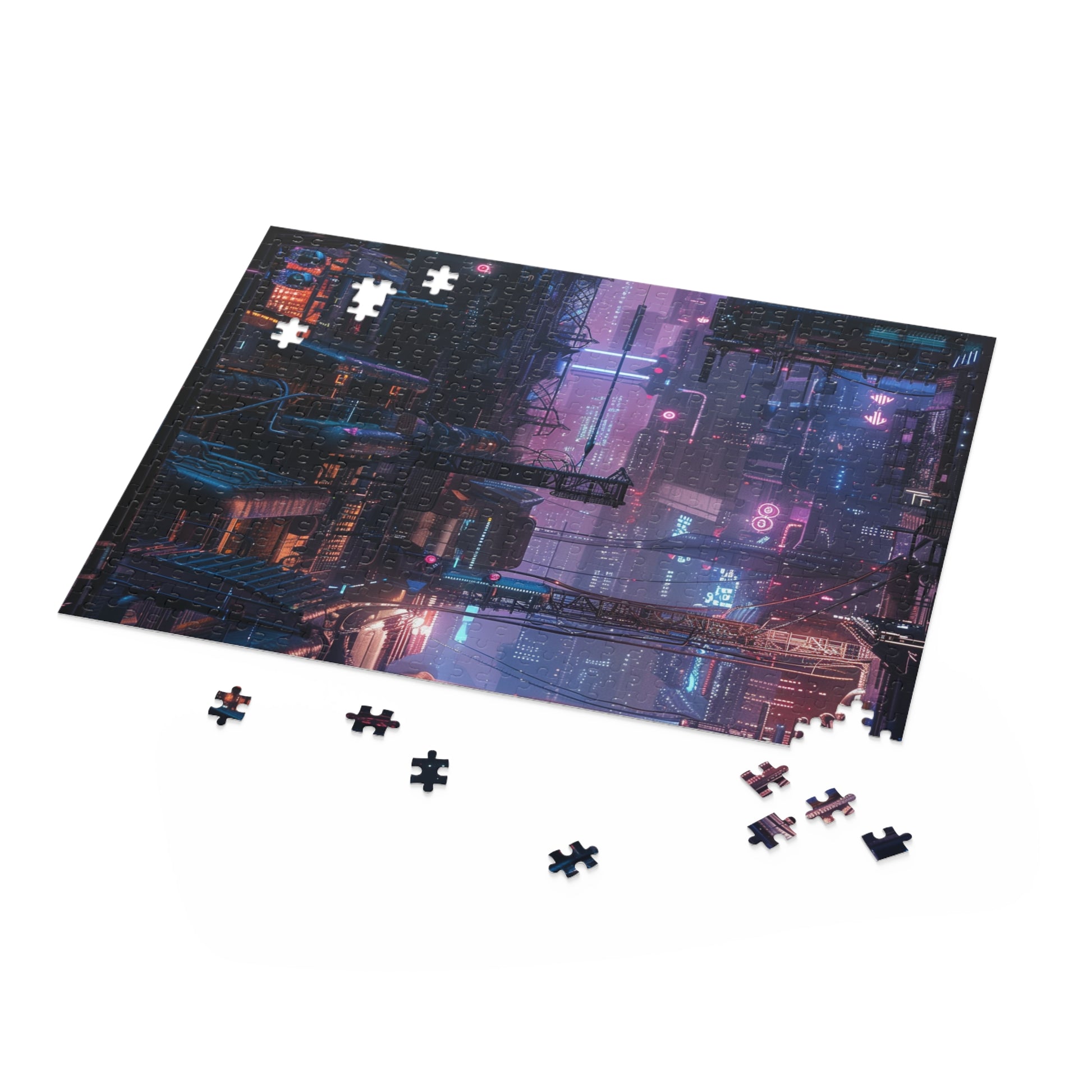 Neon Cityscape Puzzle - Cyberpunk jigsaw with vibrant colors and intricate details for all ages.