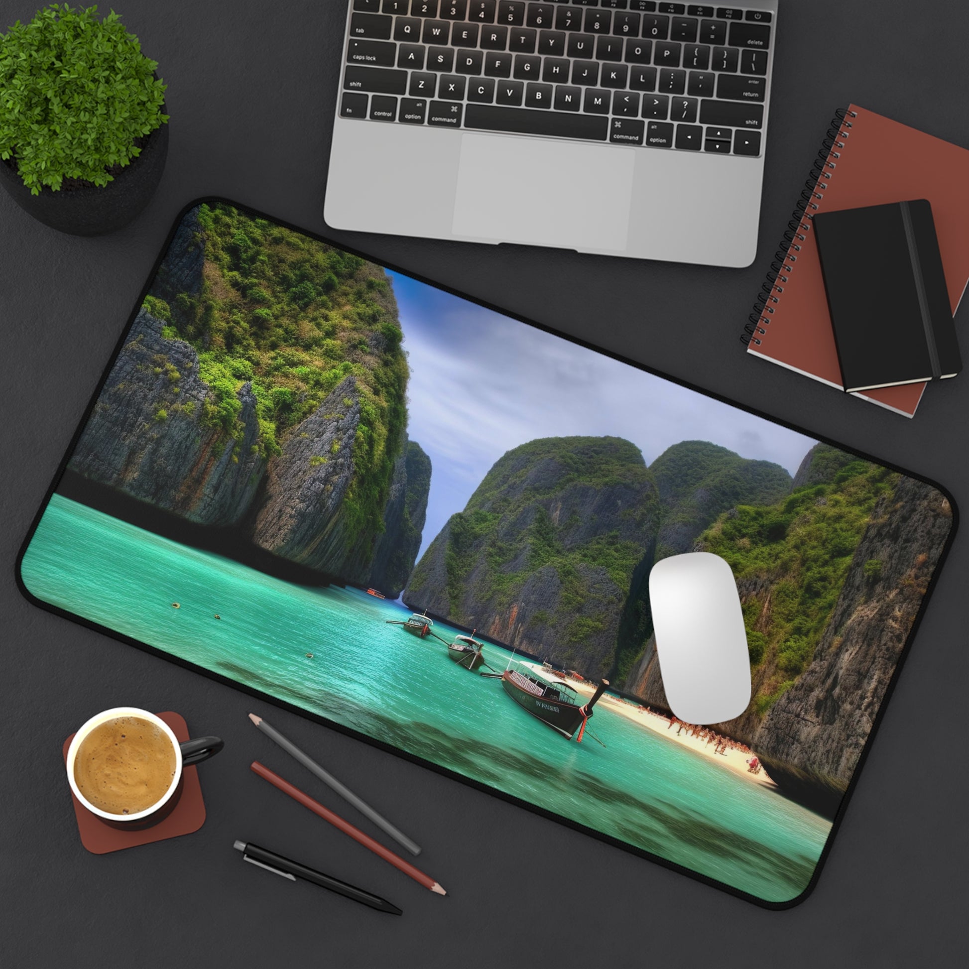 "Koh Phi Phi Lagoon desk mat featuring crystal clear waters and lush green cliffs under a serene blue sky, a tranquil beauty for your workspace"