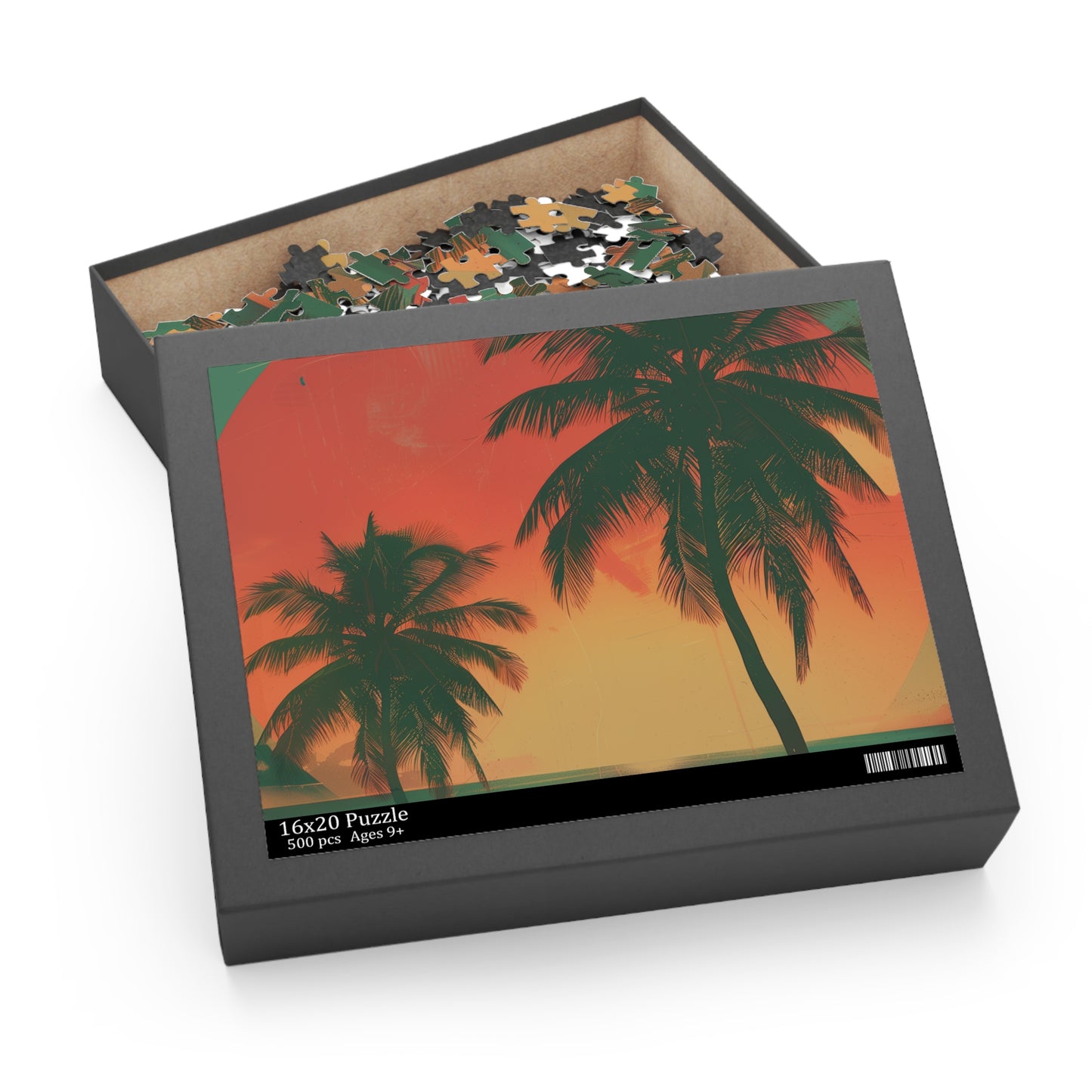 Retro Sunset Palms Jigsaw Puzzle - Vibrant puzzle of a nostalgic paradise sunset with palm trees, ideal for mindfulness.