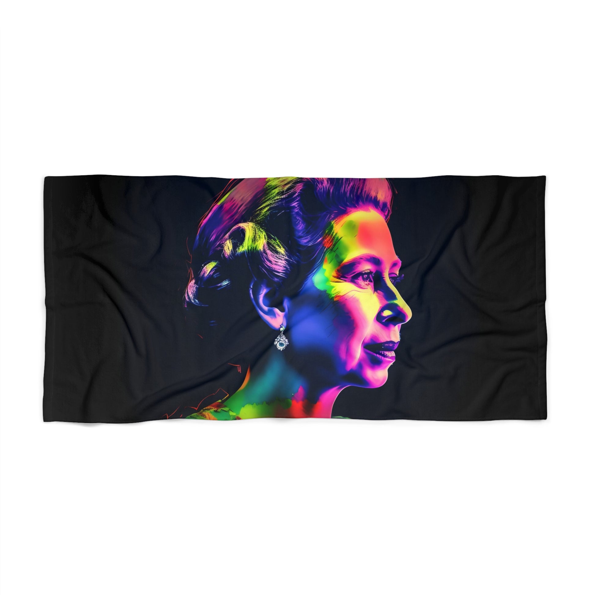 Experience the green vibrance of our luxurious beach towel designed for a royal beach day. Dive into the coastal paradise with our Queen Elizabeth II young watercolor neon beach towel.