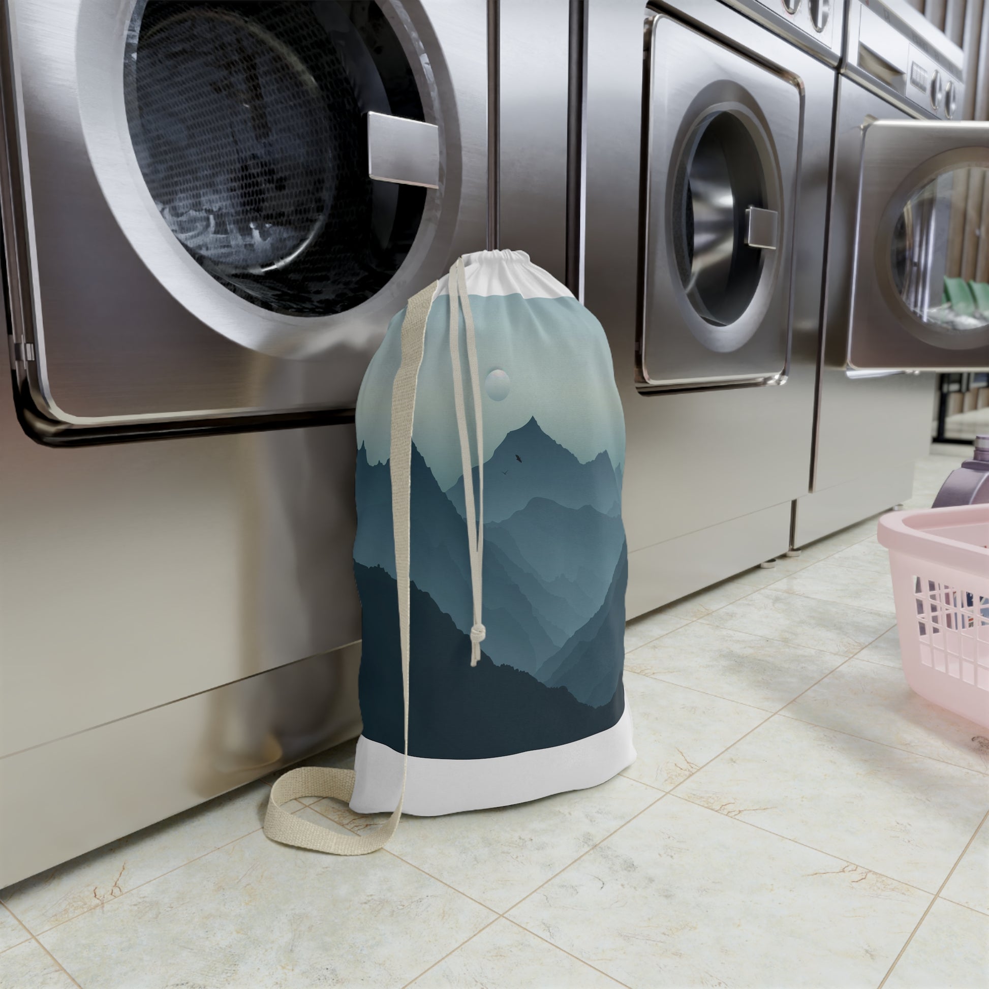 "Mountain View Laundry Bag - Serene landscape design for stylish laundry storage"