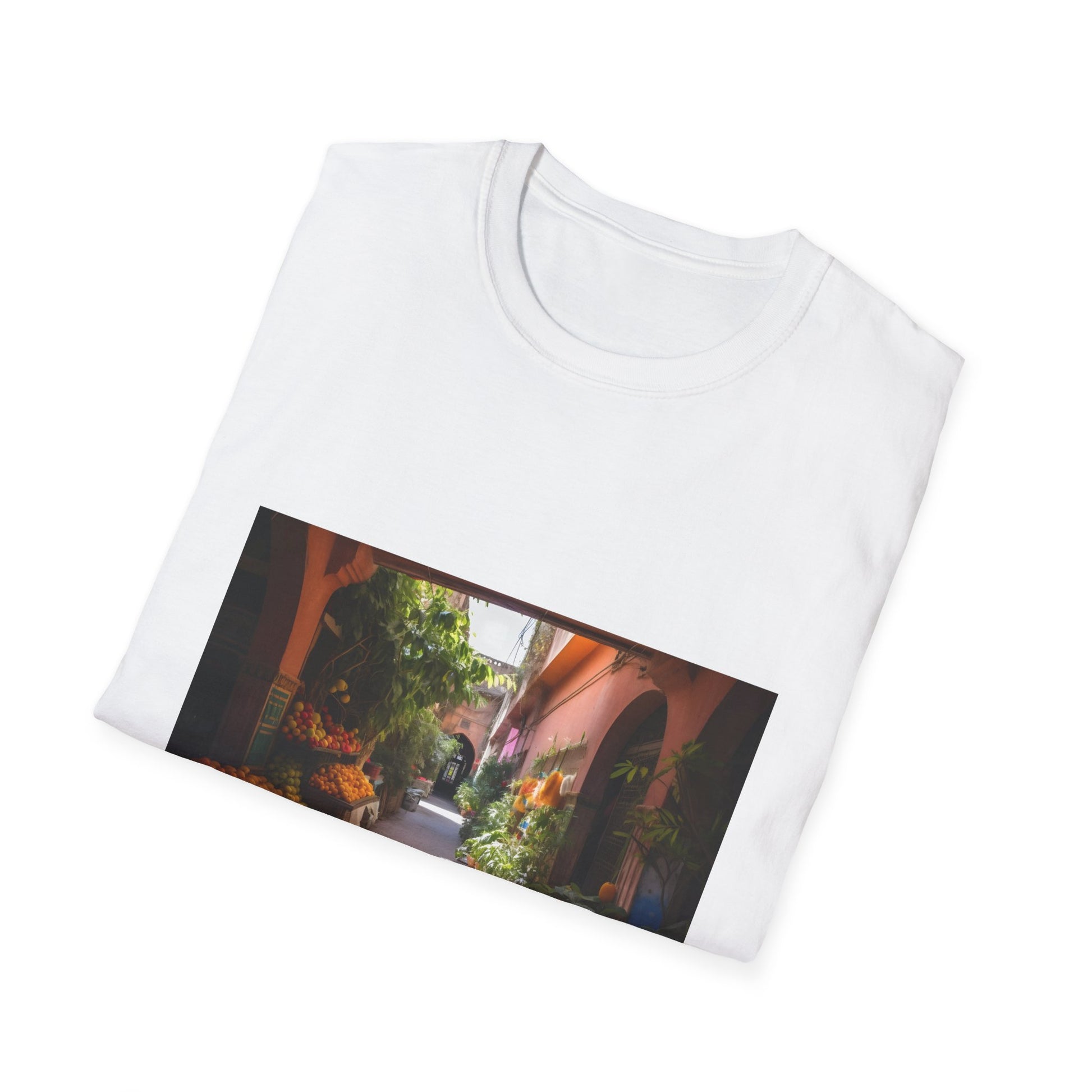 "Vibrant Marrakech-inspired Tapestry T-shirt - Feel the warmth of Morocco with our colorful design capturing the essence of Marrakech's bustling markets and lush gardens"