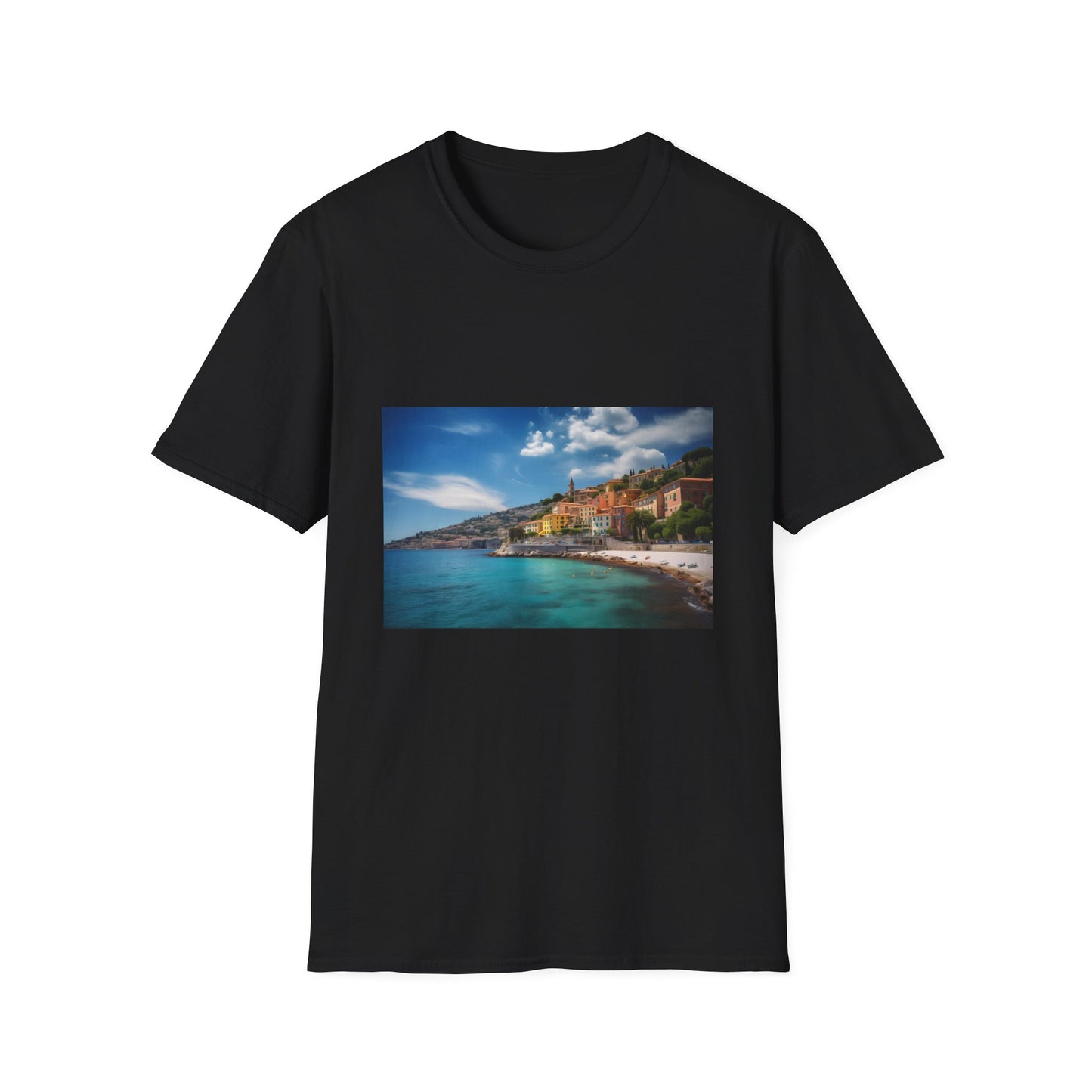 Azure Shores and Sun-Kissed Dreams | T-Shirt | Beach chic, Coastal charm, French Riviera, La dolce vita, Luxury vacation, Mediterranean coast, Sun-kissed, Vacation style | Prints with Passion