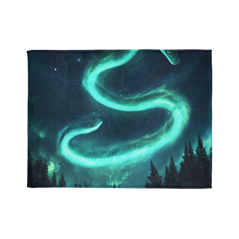 Aurora in Shape of Serpent Above Forest — Plush Fleece Throw Blanket — 300 GSM Plush Coral Fleece Texture Close-Up