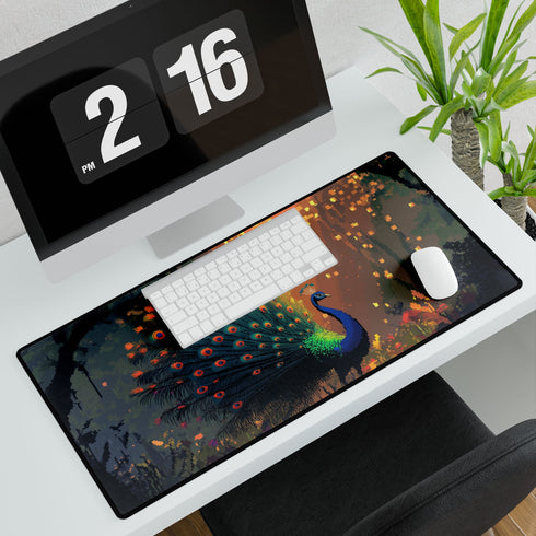 Ghost Peacock in Pixel Forest — XL & XXL Desk Mat — 3mm Non-Slip Natural Rubber Base Detail