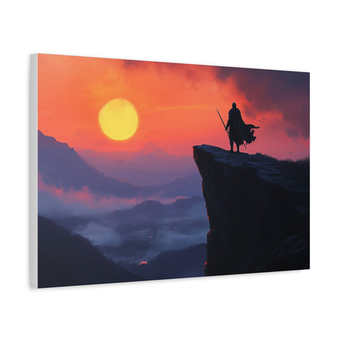 Lone Knight on a Cliff at Dawn — Canvas Wall Art — Side Profile & Stretched Corner Detail