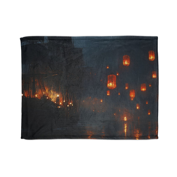 Floating Lanterns Guiding Ghost Ship — Plush Fleece Throw Blanket — Full Flat Artwork View