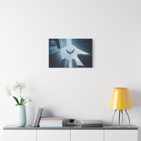 Paper Crane Soaring Above Skyscrapers (Edition II) — Canvas Wall Art — Kiln-Dried Pine Frame & Ready-to-Hang Back View