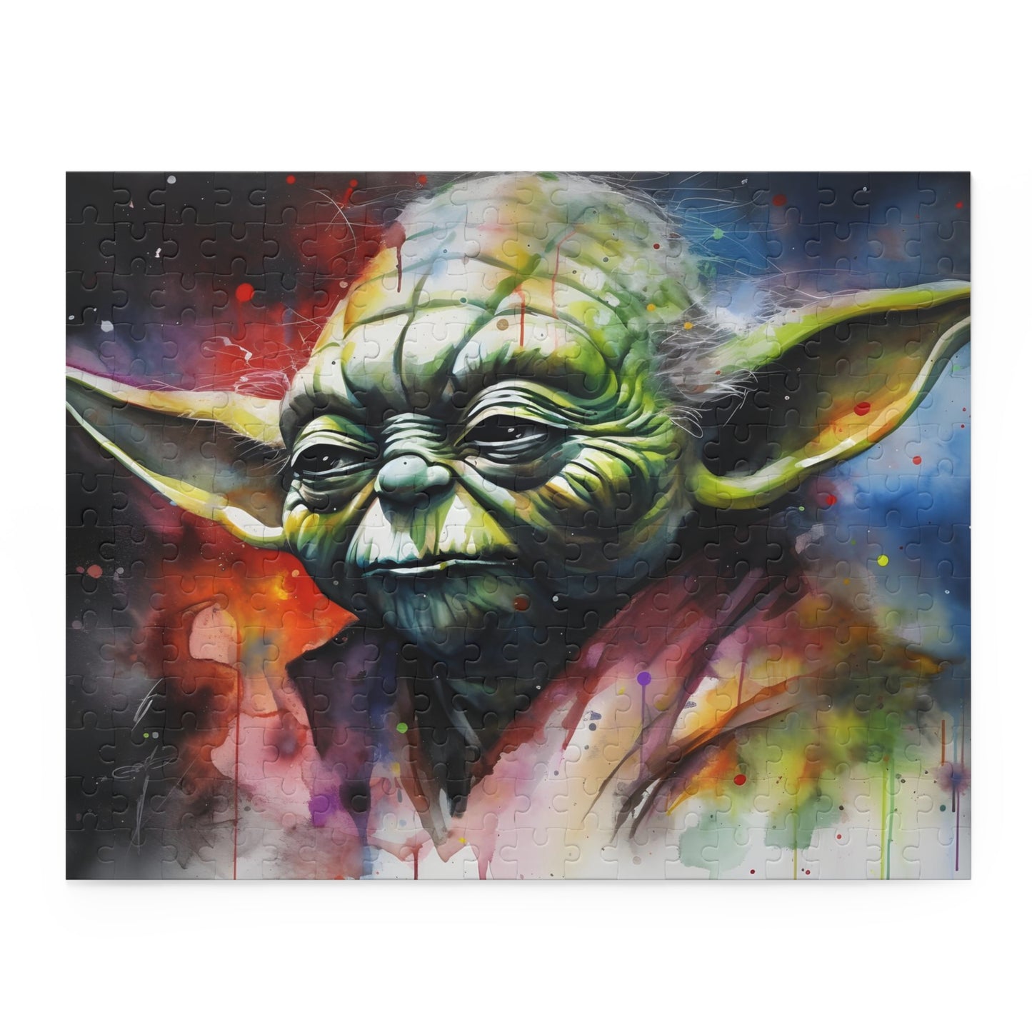 "Yoda Neon Watercolor Puzzle - Vibrant Star Wars jigsaw puzzle for fans, challenging and colorful"