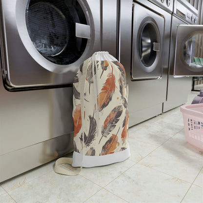 Boho feather laundry bag with seamless pattern, perfect for adding bohemian style to your space.