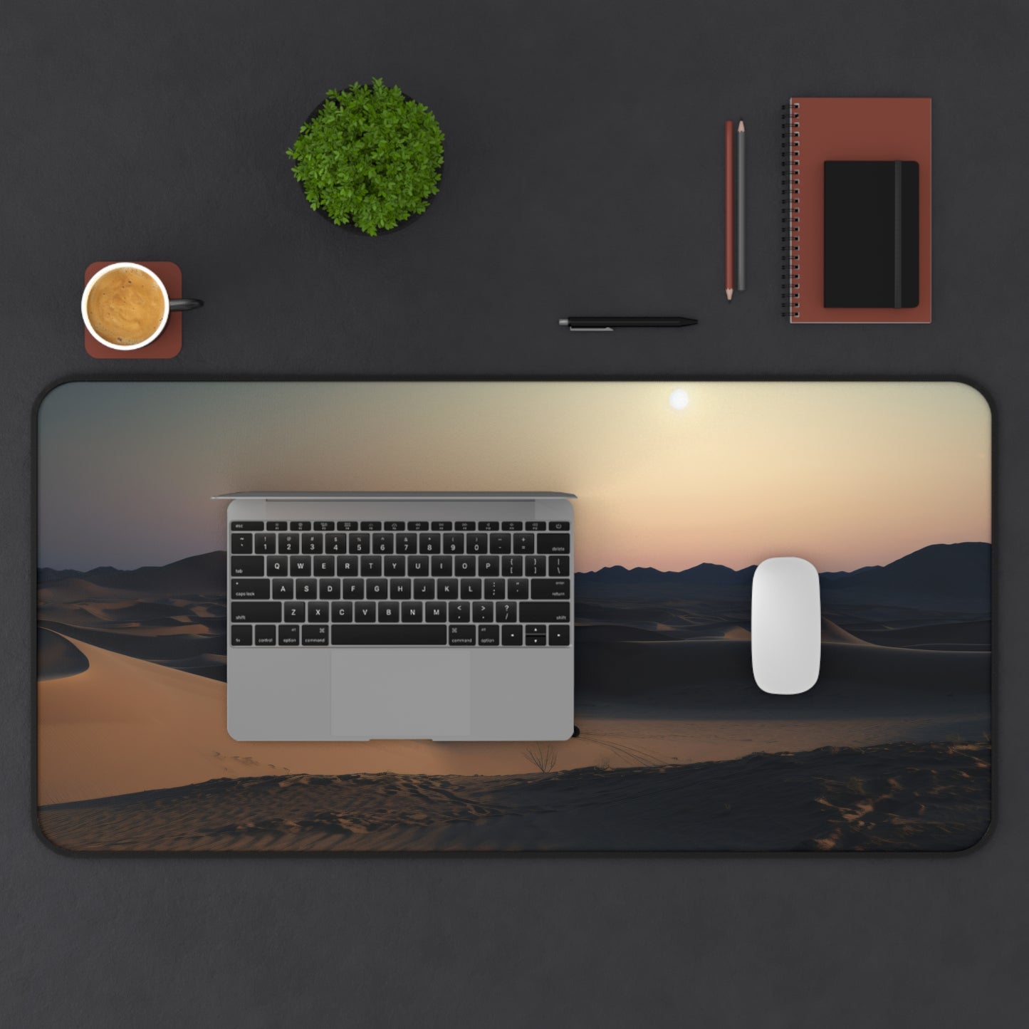 Moonlit Desert Desk Mat - Create a tranquil oasis at your workspace with this stunning mat depicting a full moon over sand dunes. Elevate your desk decor now.