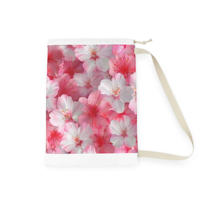 "Cherry Blossom Laundry Bag - Elegant pink and white seamless pattern, perfect for laundry organization"