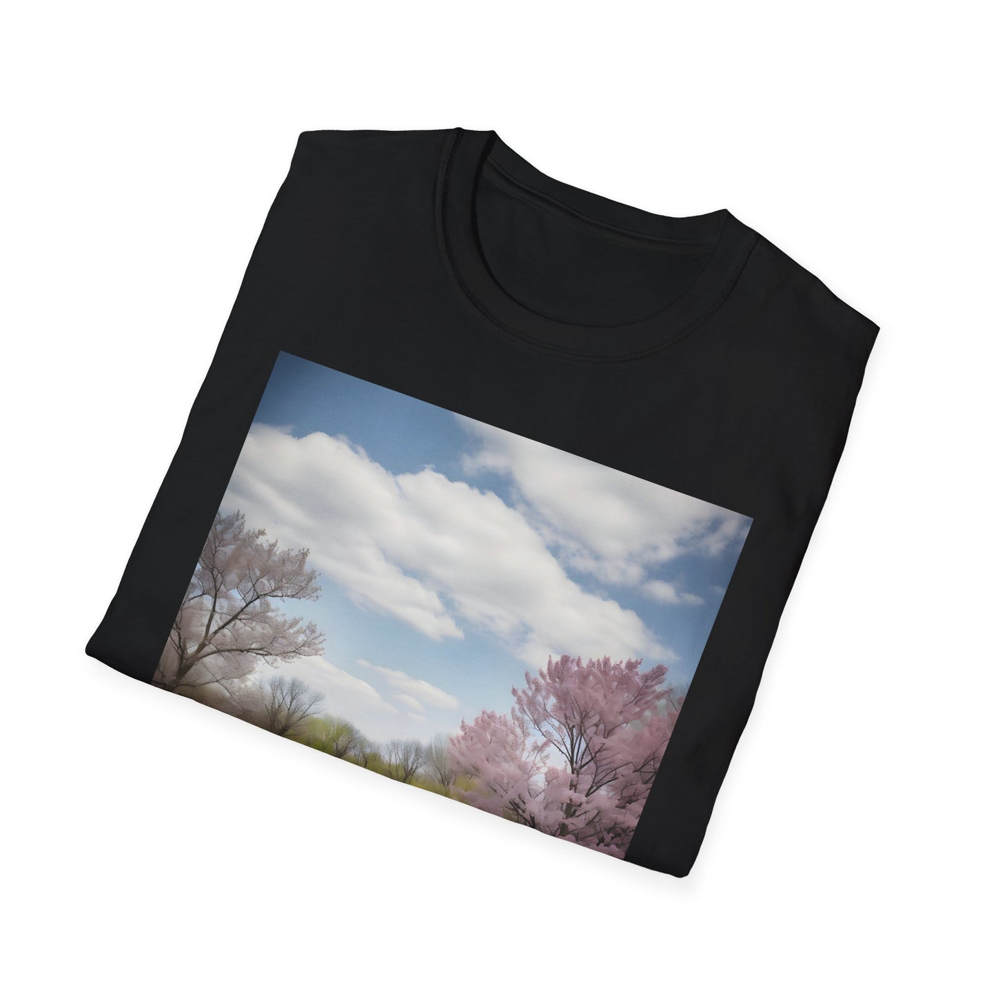 A Canvas of Joy in Nature's Embrace T-shirt featuring a vibrant suburban park scene with spring blooms, perfect for connecting with loved ones and embracing nature's beauty - available for purchase now