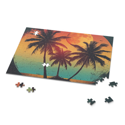 "Vintage Tropical Sunset Jigsaw Puzzle - Relaxing palm tree scene for nostalgic vibes"