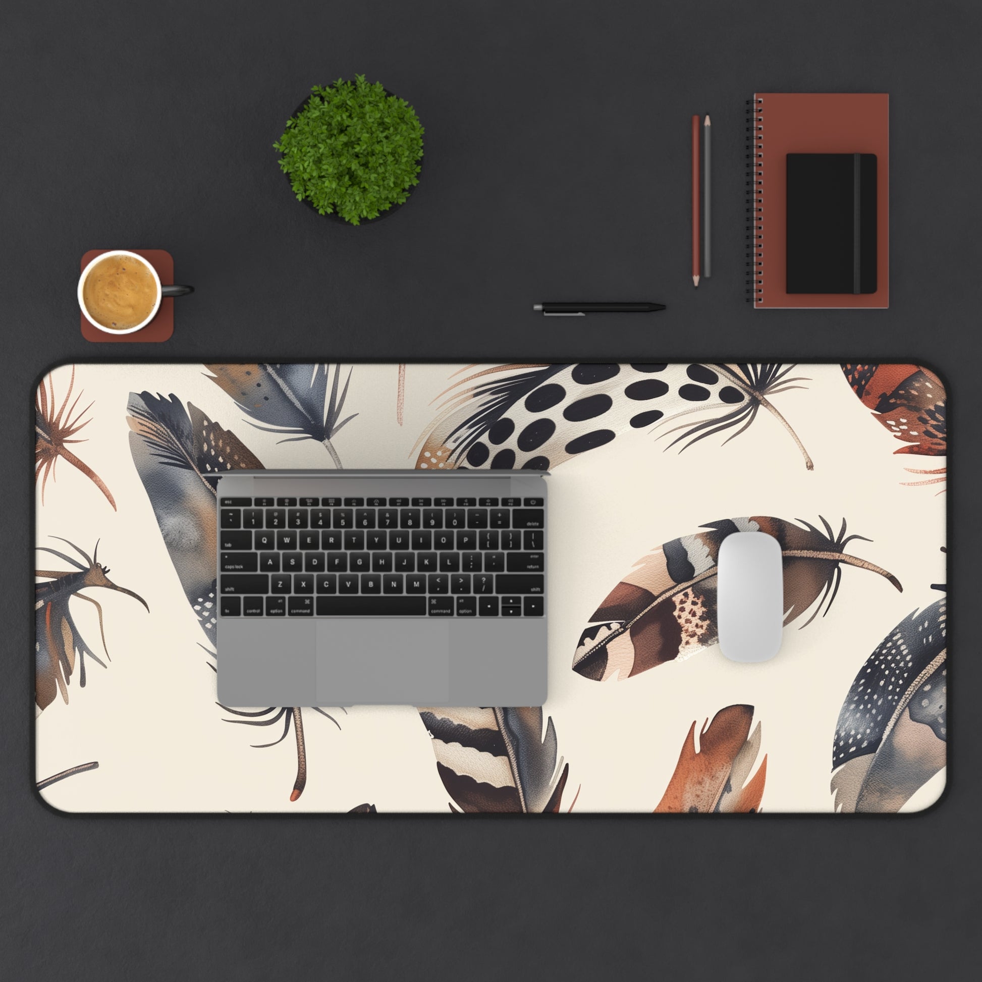 "Boho Feathers Desk Mat - Whimsical and stylish workspace accessory with seamless feather pattern"