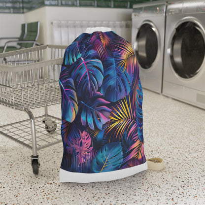 "Vibrant tropical leaf laundry bag with neon palm trees for stylish organization"