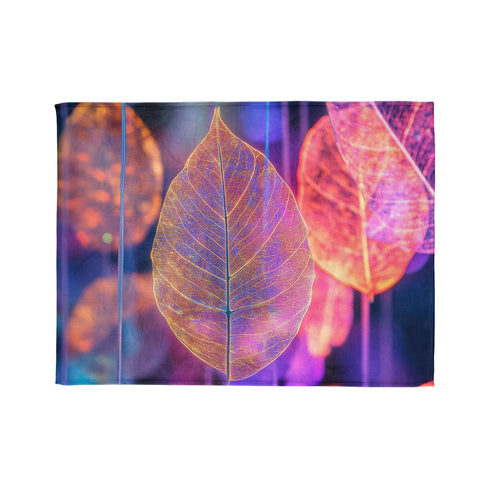 Dreamscape with Levitating Neon Leaves — Plush Fleece Throw Blanket — 300 GSM Plush Coral Fleece Texture Close-Up